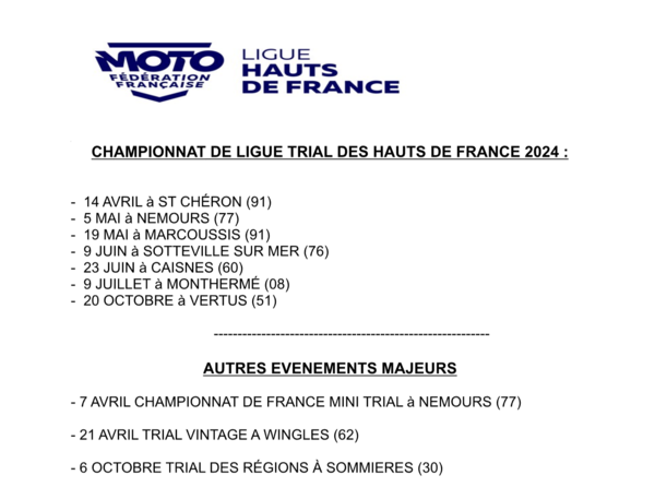 TRIAL - FFM, les calendriers 2024 (Élite, Régions, Minitrial